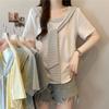 Women Fake Two Piece T-shirt Striped Shawl Collar Short Sleeve Top Plus Size Summer Casual Round Neck Tee