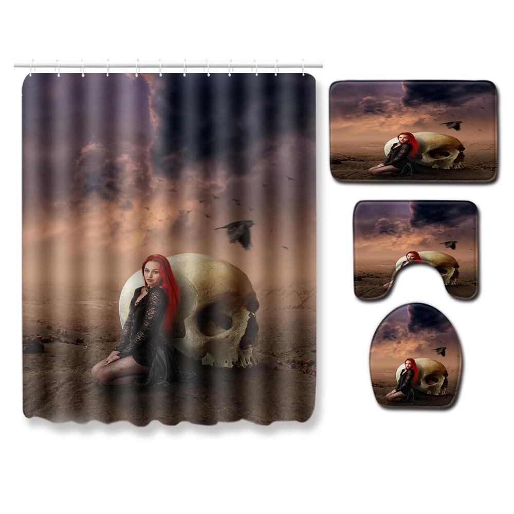 Thriller Skull Shower Curtain Floor Mat Combination Four-Piece Set Bathroom Toilet Carpet Mat Foot Mat