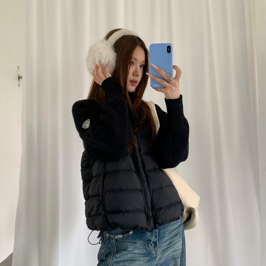 Knitted splicing stand-up collar down jacket women's winter short white duck down small fashionable loose warm jacket