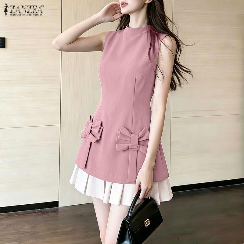 ZANZEA Women Elegant Round Neck Casual Sleeveless Splice Pleated Short Dress