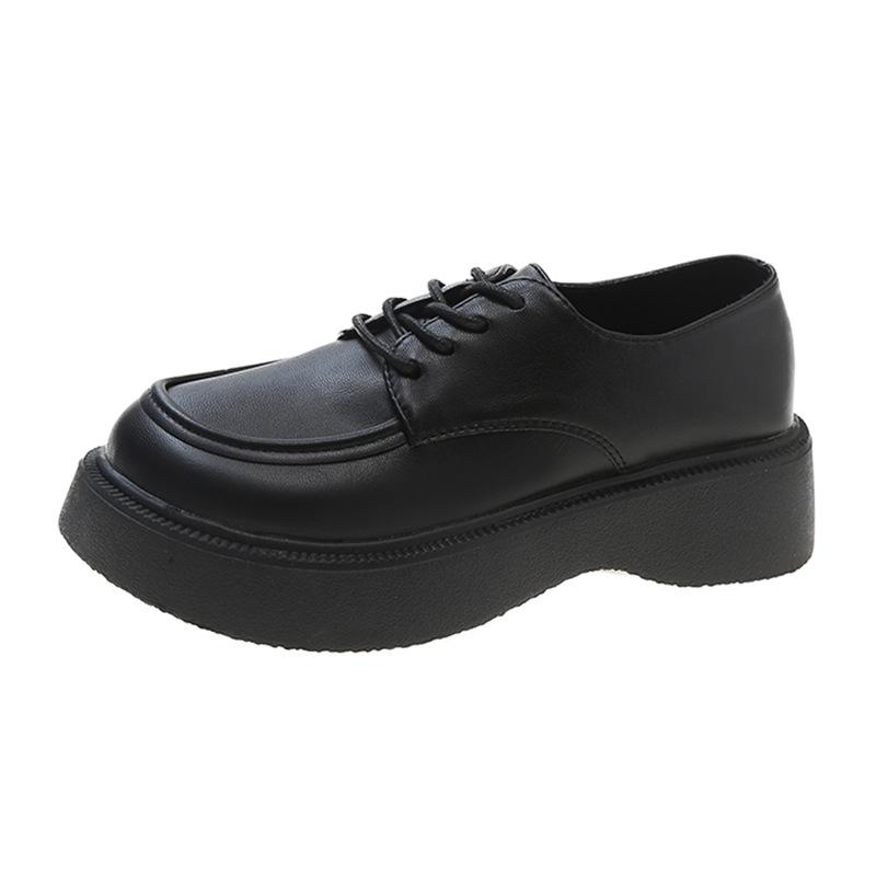 Black big head and small leather shoes women's spring new round head lace-up British college style muffin platform single shoes