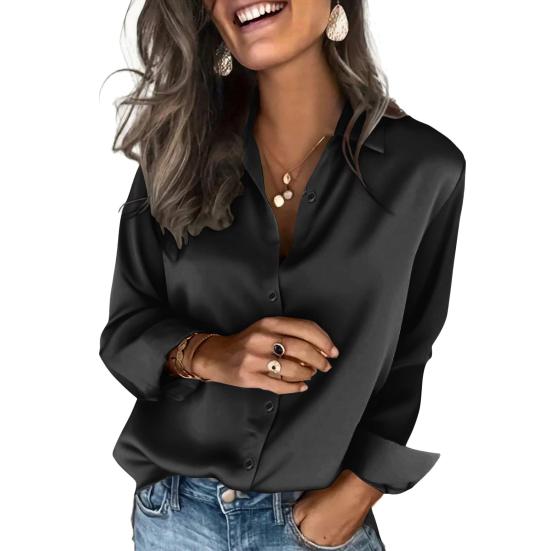 Women Satin Shirt Pure Color Loose Fit Imitation Silk Shirt Lapel Long Sleeve Buttons Placket Tops Business Casual Daily Wear