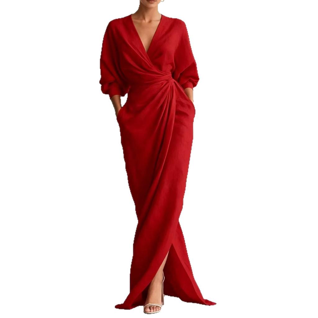 Neue europäische und amerikanische Damenbekleidung einfarbig V-Ausschnitt Langarm gespaltene Taille Tasche Kleid Damen