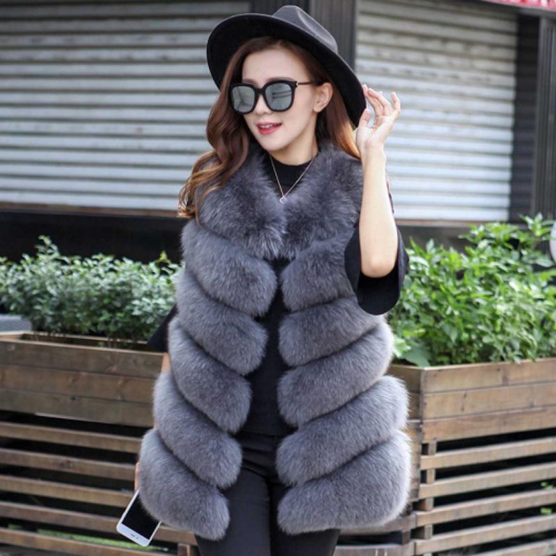 

Korean Faux Fox Fur Patchwork Women s Mid-Length Vest 2XL