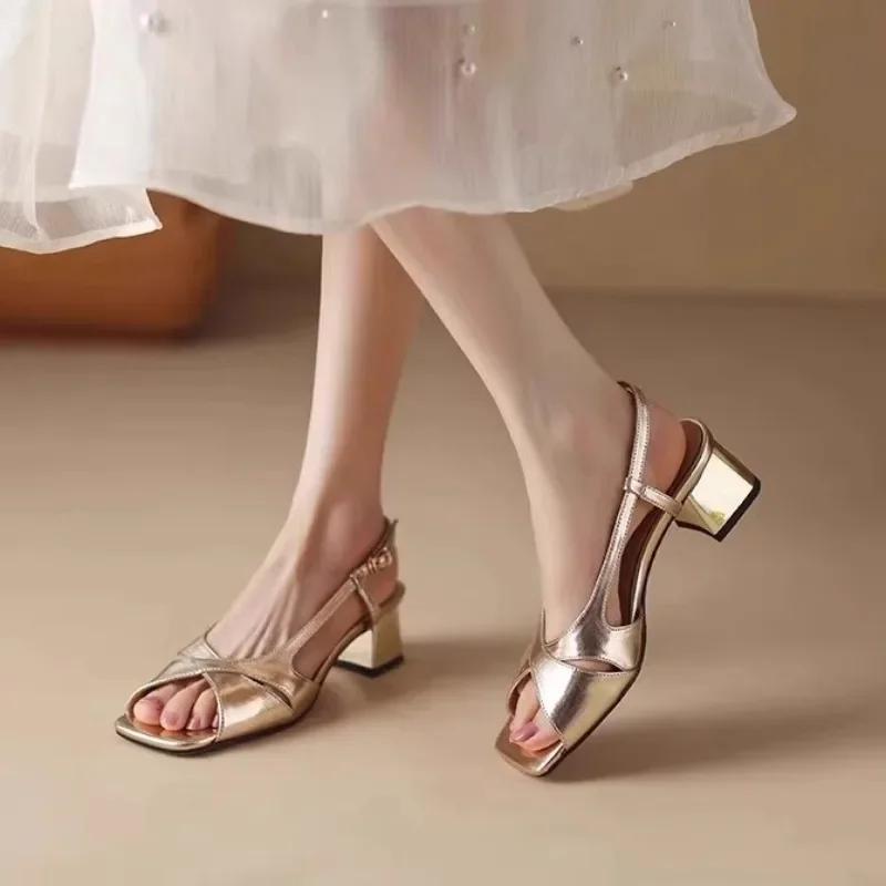 

Ladies Shoes 2025 Fashion Buckle Strap Shallow Women s Sandals Summer Open Toe Office and Career New Elegant Sexy Heeled Sandals 40 золотий