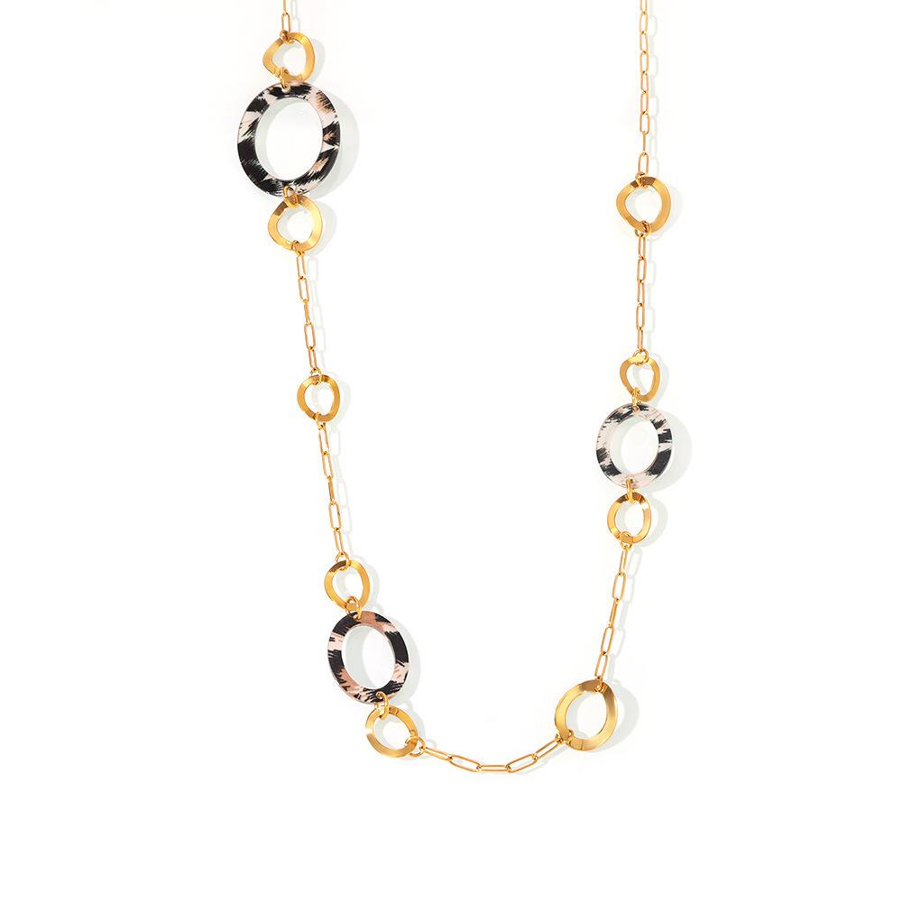 Hainon Stainless Steel Necklace Acrylic Circle Leopard Print Sweater Chain Pendant Necklace 33.3inches