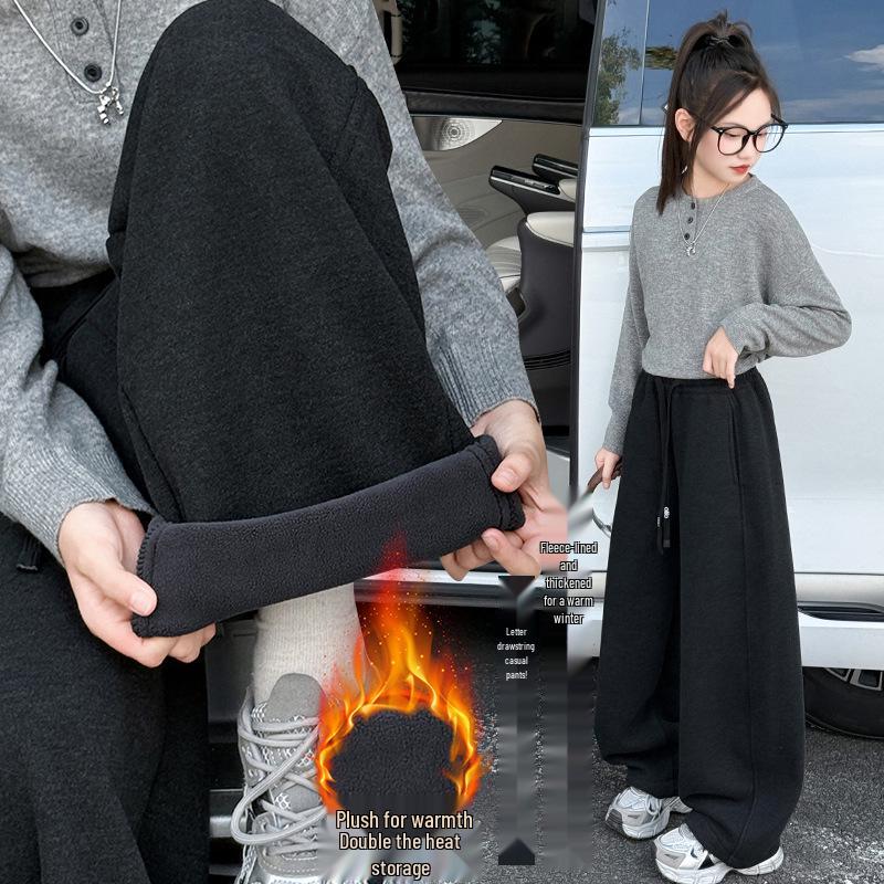 

Повседневные широкие брюки для девочек 2025 года из флиса с клейкой текстурой и подкладкой, для осени/зимы 160 cm