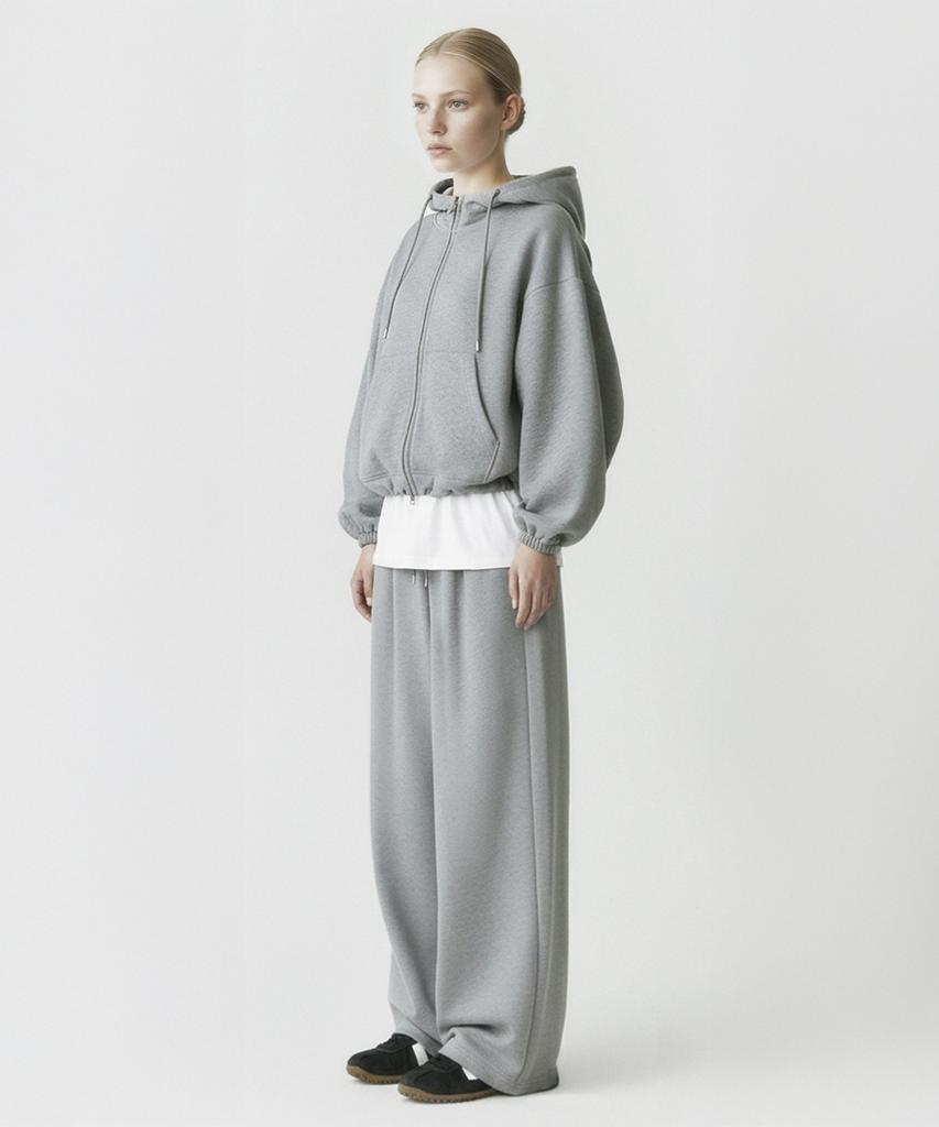 Prinoar [Set] String Overfit Two-Way Zip-Up Hoodie + One-Pleat String Pants - Melange