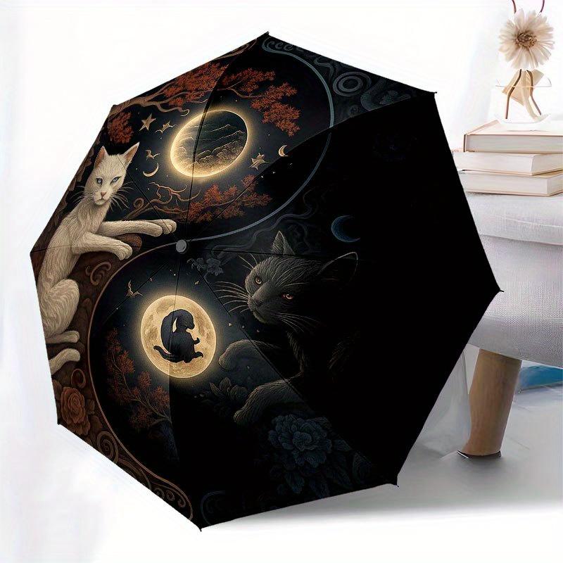 Yin Yang Cats: A Mystical Nighttime Art Print Umbrella, Cute Umbrella with Cute Design, Portable 3-Fold Compact Umbrella for Men & Women, Valentine's