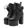 Gdgydh Modische Damen-Ankle Boots mit Schleife Schnürung Blockabsatz 14cm Plateau-Schuhe Reißverschluss seitlich Damen Kurzstiefel Süßes Cosplay