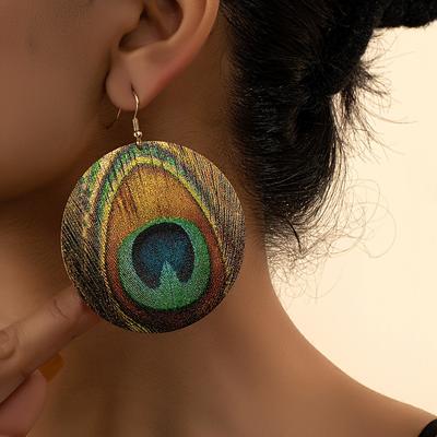 Vintage Round Shape Peacock Feather Print Dangle Earrings Boho Elegant Style Trendy Holiday Ear Ornaments CDN