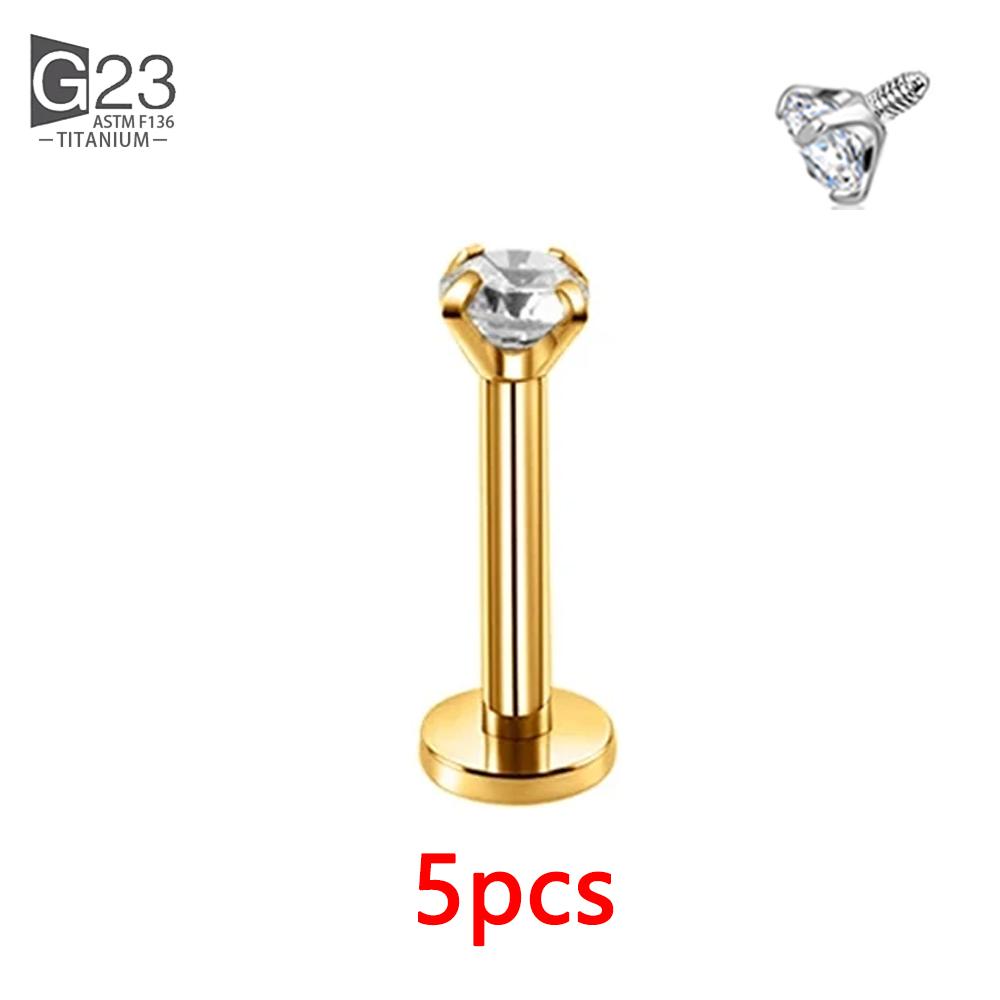 5Pcs G23 Titanium 16G CZ Tragus Eyebrow Piercing Body Jewelry Labret Lip Ring Stud Earrings Septum Nose Rings Internal Thread