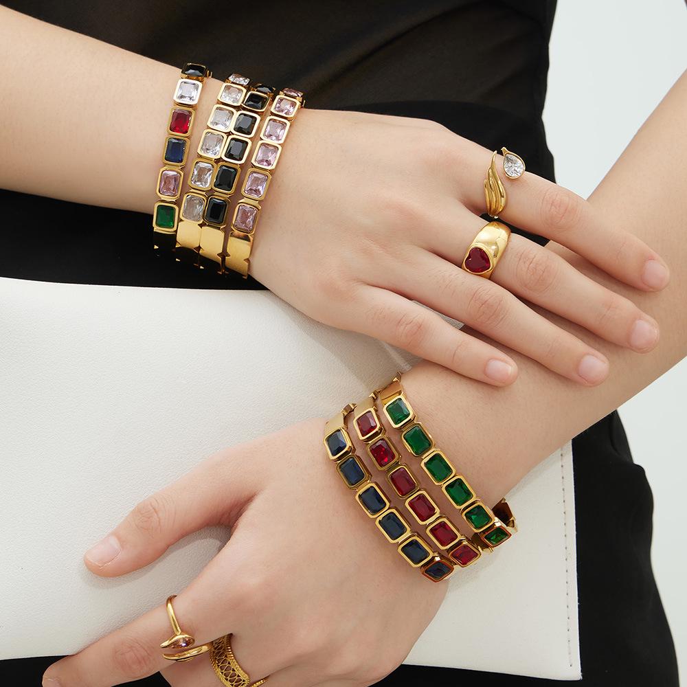 18K Gold Plated Stainless Steel Bracelet with Square Colored Glass Stones In Trendy European and American Niche Design - Fade Resistant.