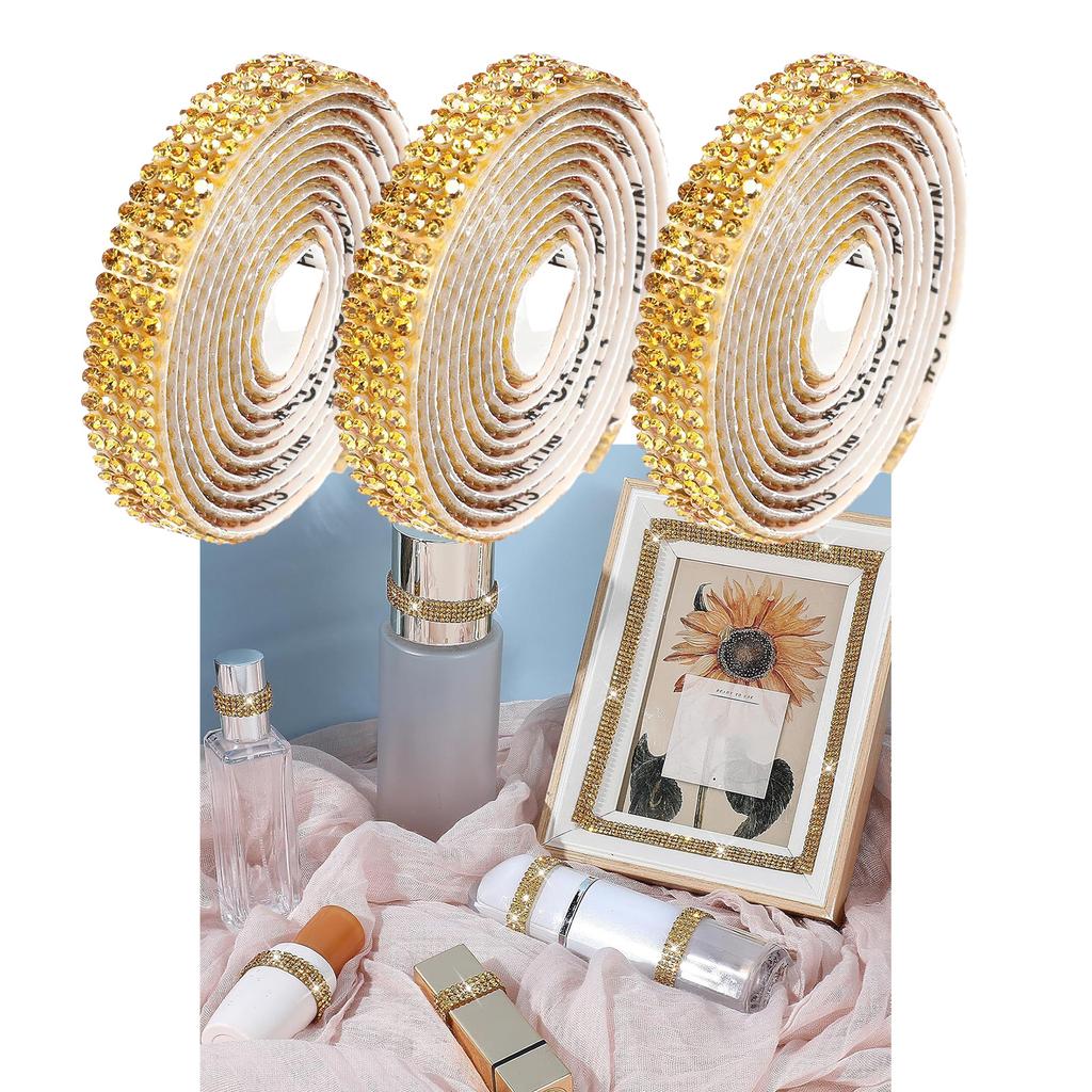 3Pcs Adhesive Rhinestones Ribbon Sparkling Rhinestones Ribbon 9mm Crystal Ribbon Roll for Craft Wedding Cake Decoration