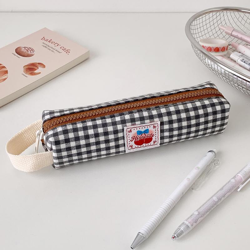 Cute Plaid Large Capacity Pencil Case Pen Bag Kawaii Stationery Storage Bag Suitable For Back-To-School Season Girls