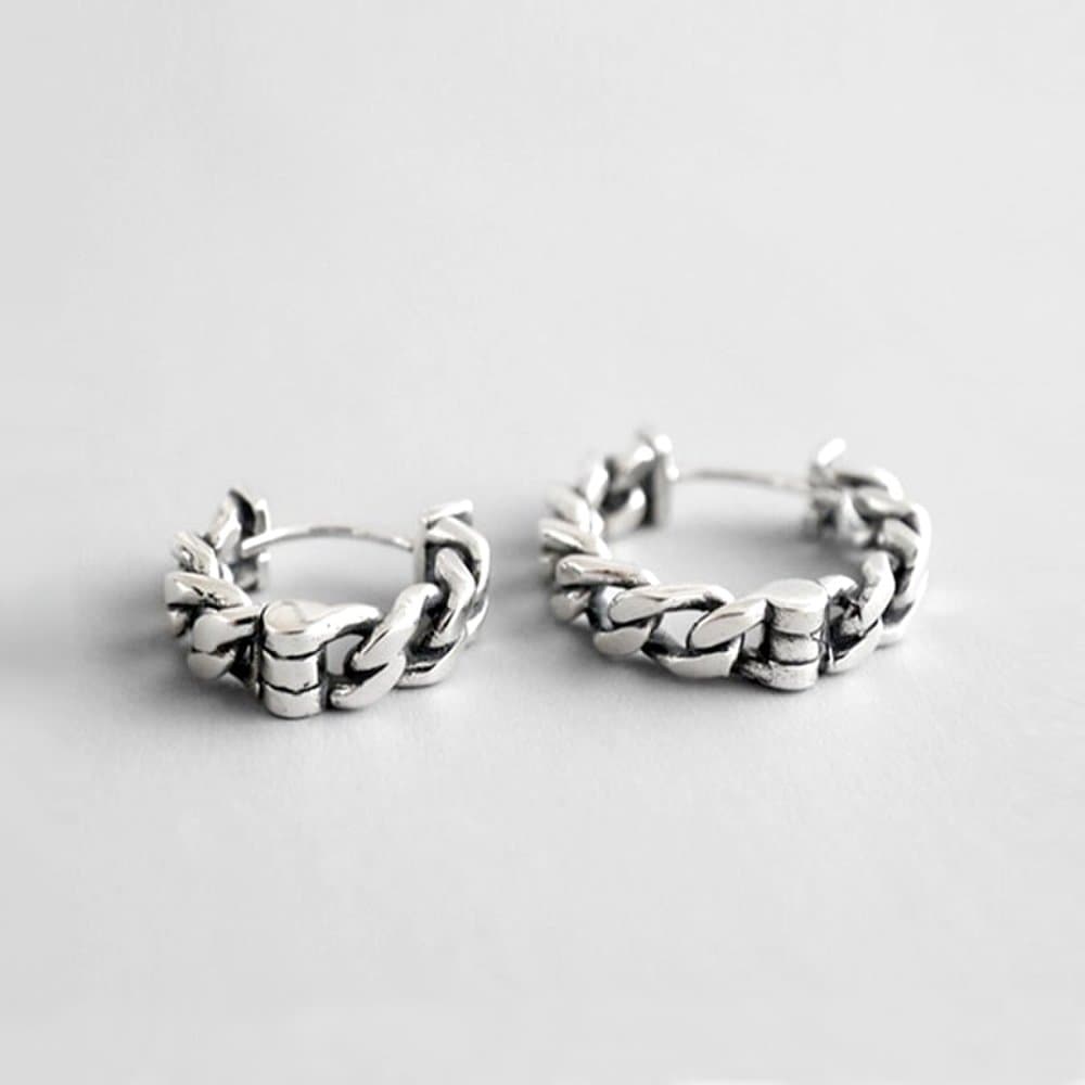 (1 pair) P0999W S925 Silver Vintage Silver N Chain Ring Earrings (2P) 14mm