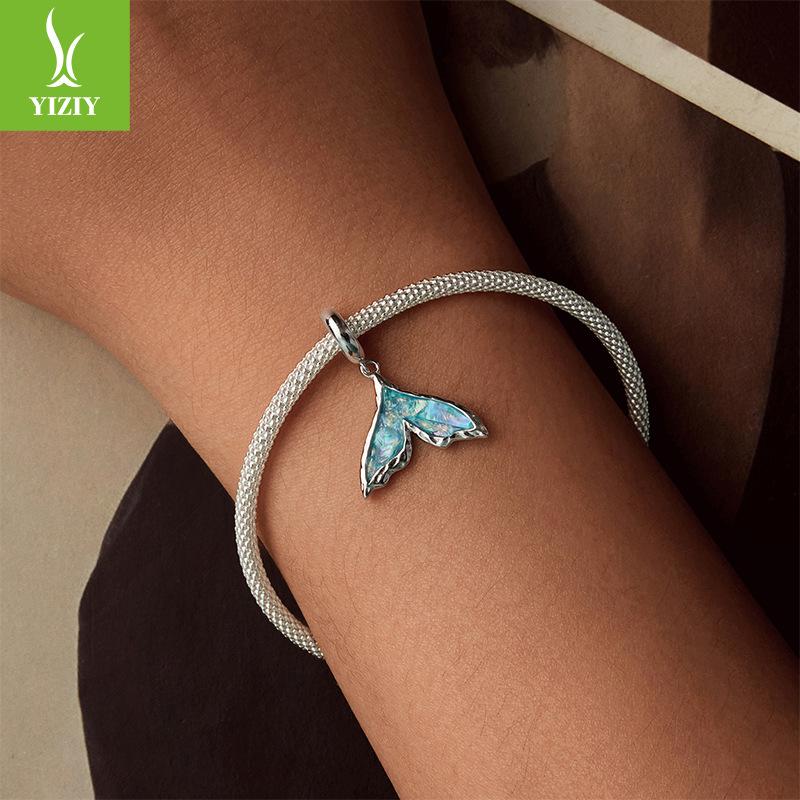 Exquisite Symphony Blue Fishtail S925 Sterling Silver Pendant Accessories, Romantic Dream Diy Bracelet Beaded