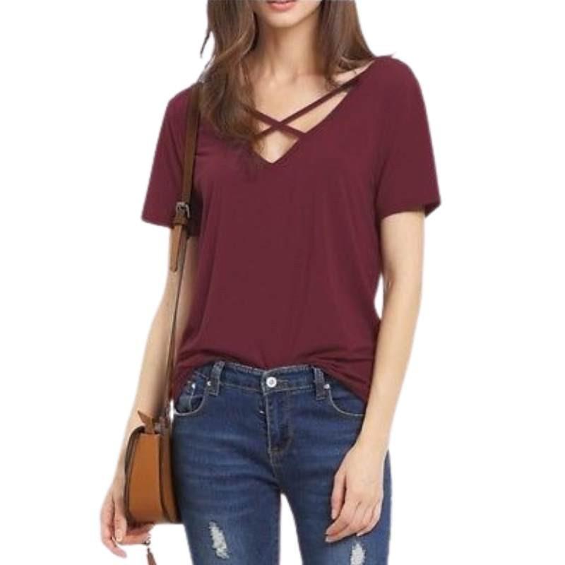 Stylowy Bawełniany T-shirt Damski Plus Size z Dekoltem V, Krótkim Rękawem, Luźnym Krój