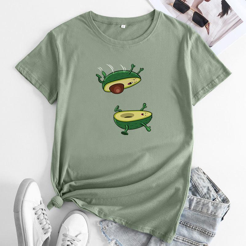 Seasonal Round Neck Avocado Pattern Printed Top Fashionable Casual Short Sleeved Women's Pure Cotton T-shirts