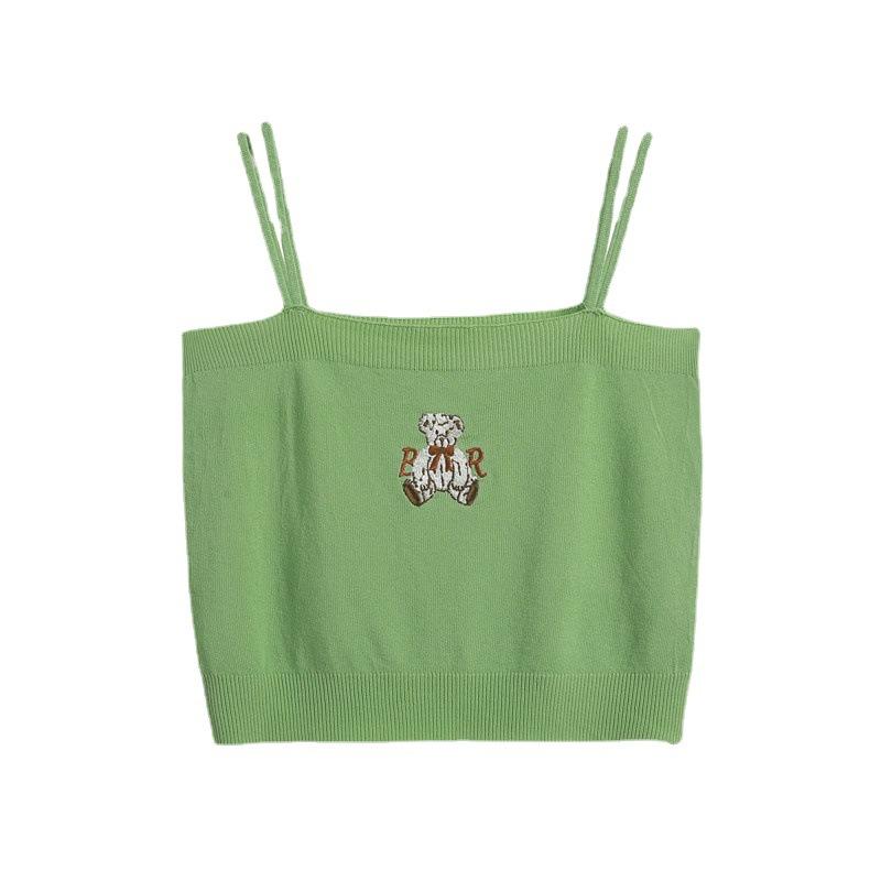 Summer New Women's Wear Korean Style Embroidery Bear All Knitted Waistcoat with A Small Waistcoat with A Bottom
