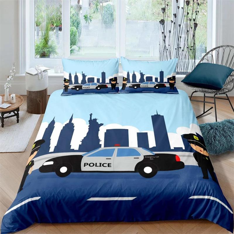 3D Auto Königin König Bettbezug Cartoon Auto Bettwäsche Set Kinder Jungen Blau Grau Notfallfahrzeuge Polyester Steppdecke