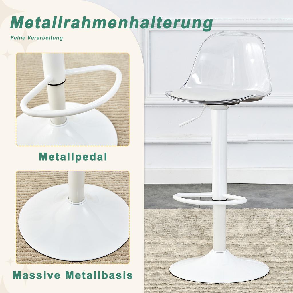 2-Pack Adjustable Bar Chair: Transparent Backrest + White Metal Legs, Height-Adjustable from 82-104 cm, 360 degrees Rotation.