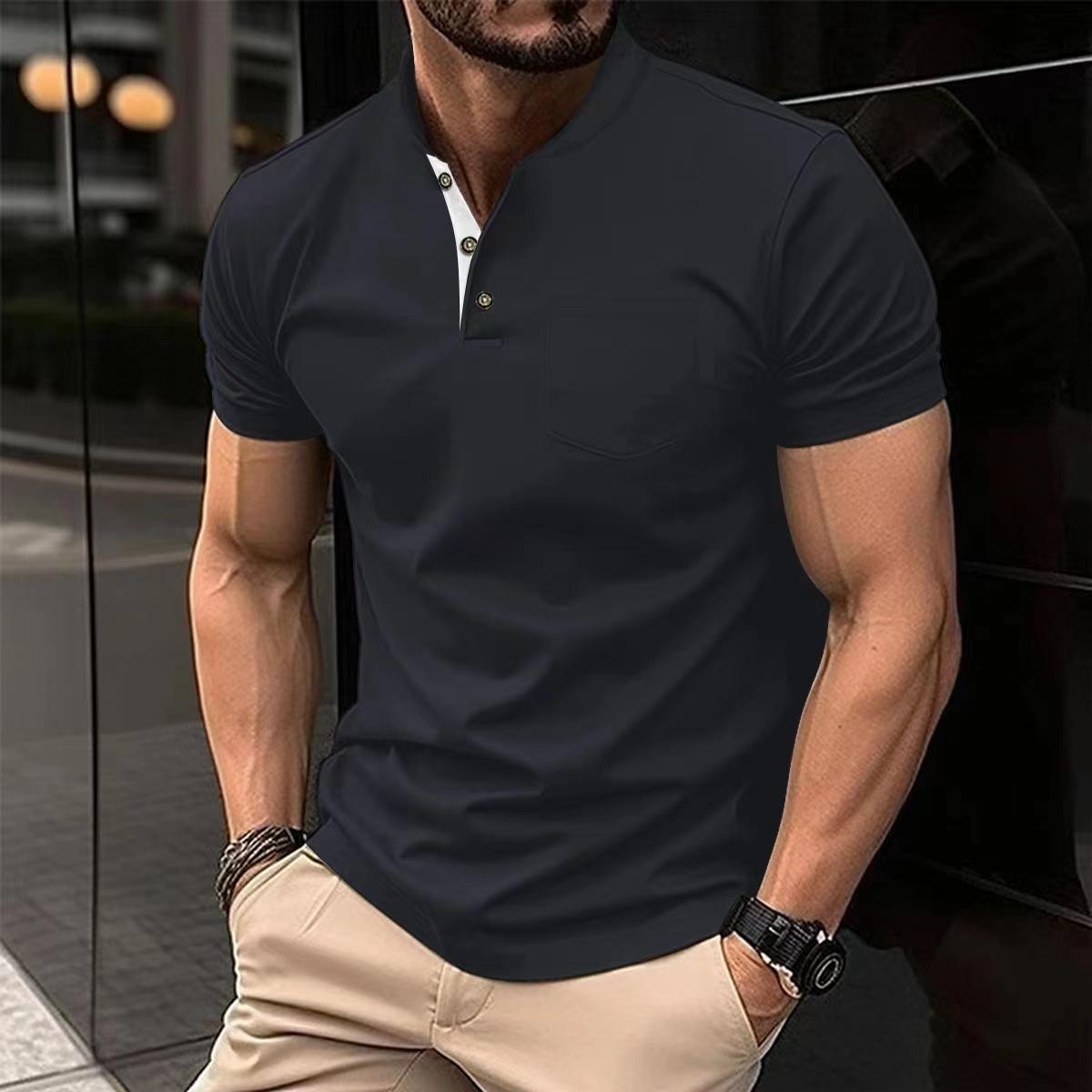 

Summer New Foreign Trade Large Size Men s Solid Color Short-sleeved Button-up Pocket T-shirt Polo Shirt XXL