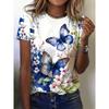 Women's T-shirt with butterfly print, casual crew neck, street style top, comfortable and breathable