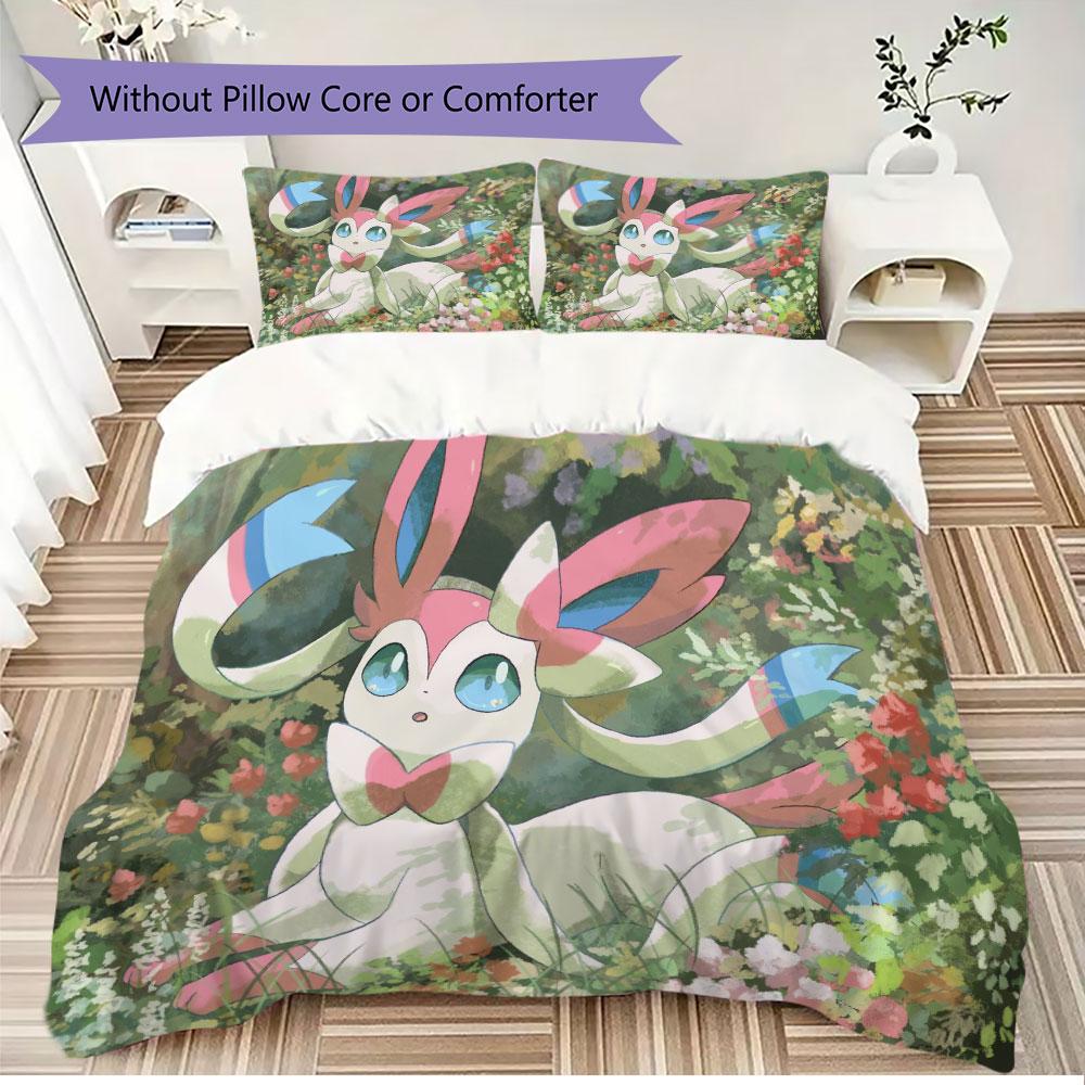 Pink Sylveon Design 3 Piece Bedding Set Cute Pokemon Theme Duvet Cover Pillowcases For Kids Girls Room