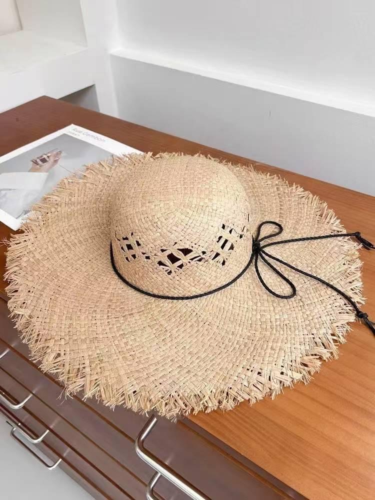 New Big Brim Burr Lafite Straw Hat Women's Seaside Vacation Sunscreen Sun Hat Hollow Face Hat