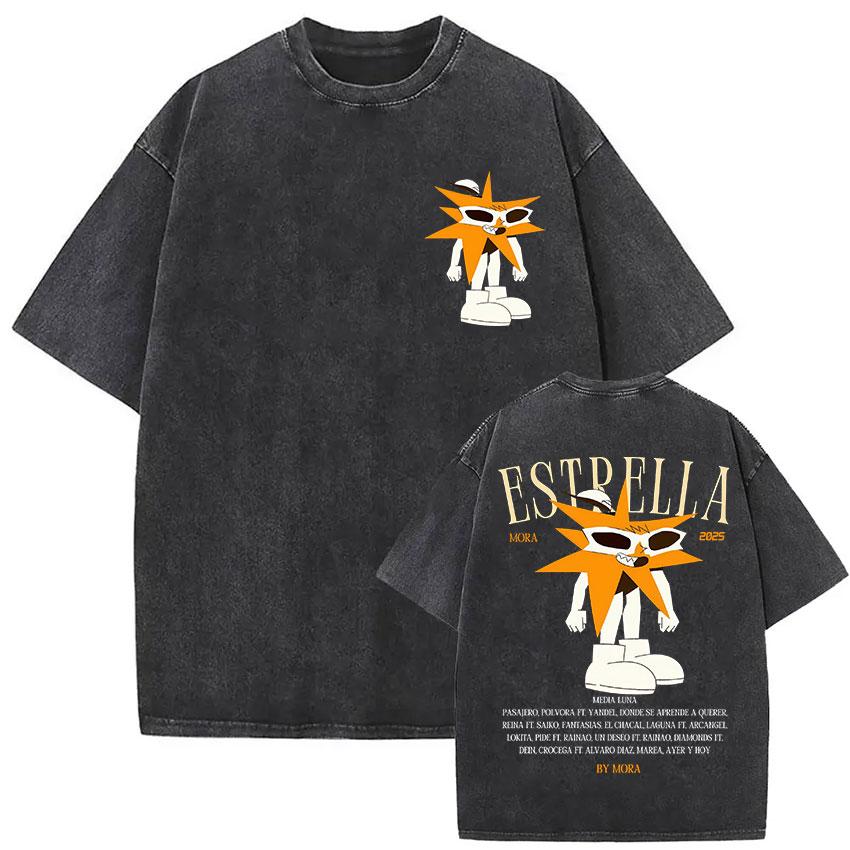 Vintage Washed Mora Lo Mismo De Siempre Album Letter Print TShirt Mens Women High Quality Fashion Oversized Cotton T Shirts