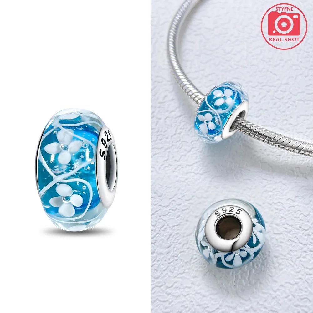 925 Silver Bracelet Women Diy Jewelry Gift Accessories Charms Beads Pink Murano Glass Blue Flower Butterfly Beads
