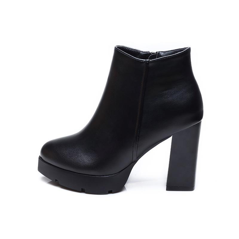 Mode Lässig Reißverschluss Spitzzehe Weiches Leder Damen Schuhe Plateau Blockabsatz Hochhackige Stiefeletten Schwarz Motorradstiefel
