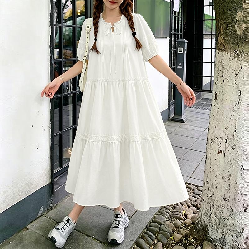 ZANZEA Women Casual Round Neck Solid Color Loose Half Sleeve Long Dress S белый