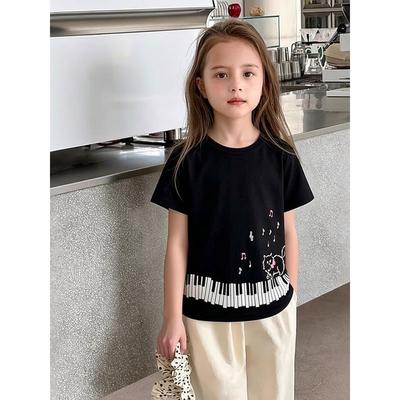 Korean Style Kidsren's Short-Sleeved T-Shirt 2026 Summer New Style Kidsren's Clothing Girls' Half-Sleeved Top Pure Cotton Piano Key Print