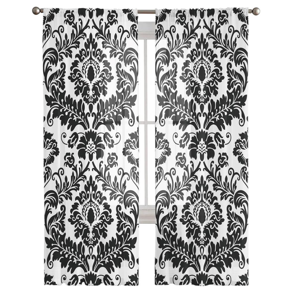 Black And White Pattern Baroque Curtain Tulle Decorative Sheer Curtains for Living Room Bedroom Kitchen Hotel Home Window Panels