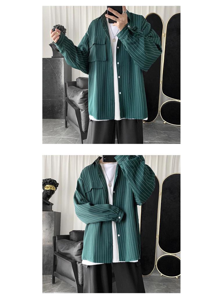 Men's Harajuku Style Striped Long Sleeve Shirt - Trendy, Casual, Loose-Fit, Versatile Korean Button-Down Jacket