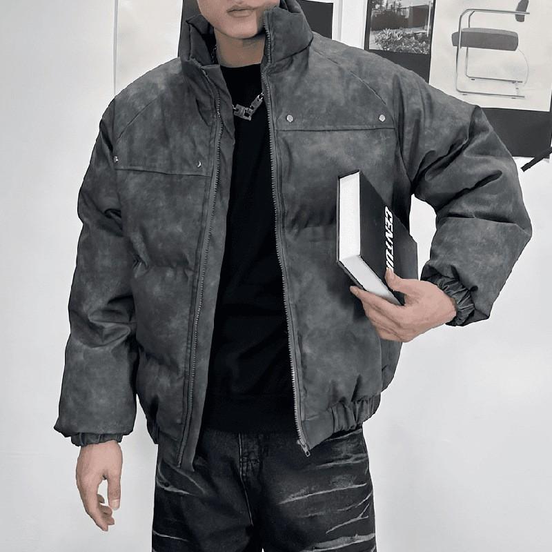 Mens Winter Hip Hop Streetwear Cotton Puffer Jacket Thick Rivet Detail Loose Fit Stand Collar Warm Casual Coat