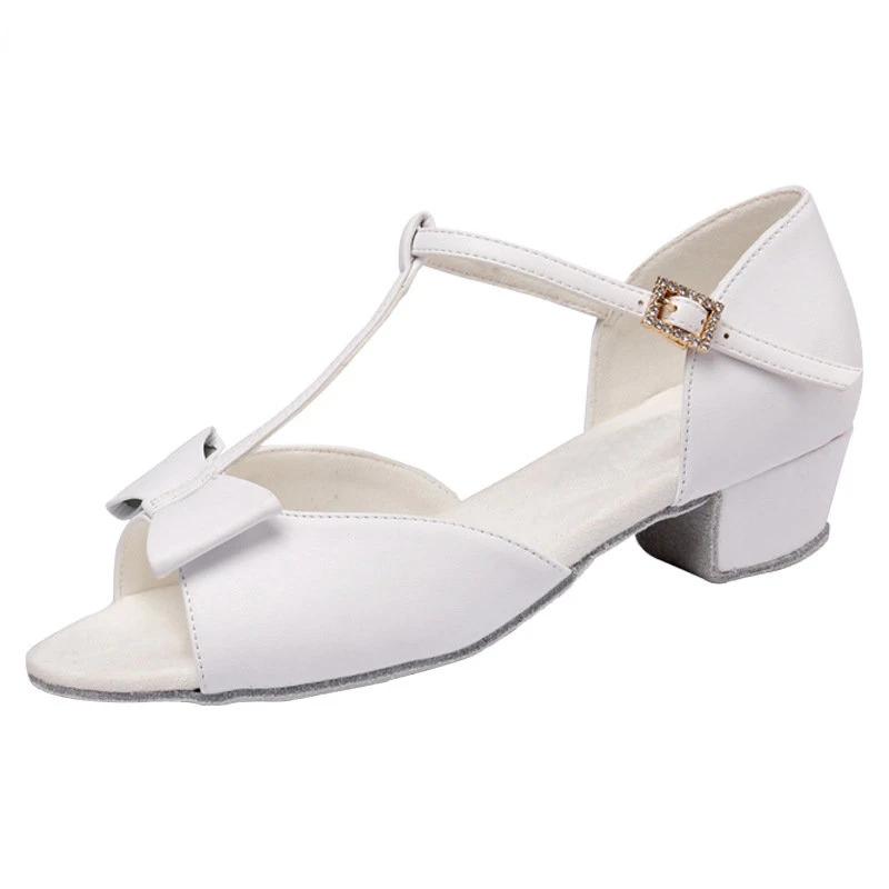 New Pink Satin Bow Girls Children/Child/Kids Ballroom Tango Salsa Latin Dance Shoes Low Heel Shoes 3.5CM