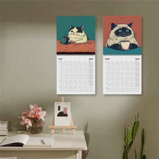 1/2Pcs 2025 Wall Calendar Cats Chillin' with Coffee Wall Calendar 12 Monthly Coffee Cats Calendar Family Office Organizer for Cat Lover Gift