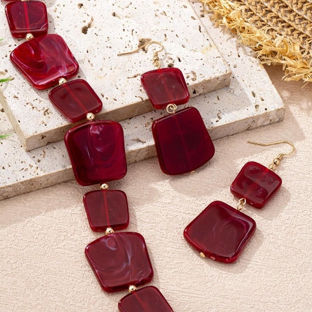Wine Red Stud Earrings Resin Neck Chain Retro Necklace Earrings Set  for Women