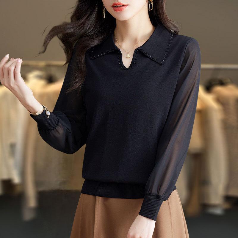 Ny vårstil Slim Lapel Chiffon Pullover Topp for kvinner Løs strikket baseskjorte