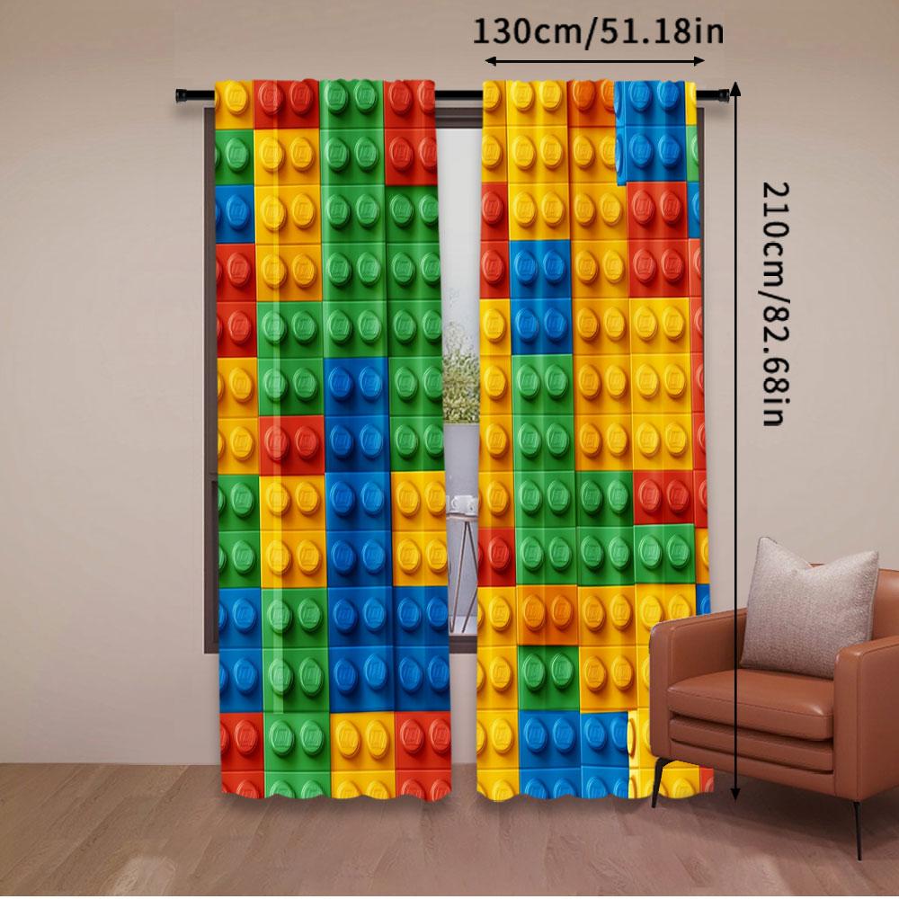 2Pcs Colorful Building Blocks Print Curtain Geometric Blocks Curtain Suitable For Bedroom Bathroom Living Room Dining Room Study