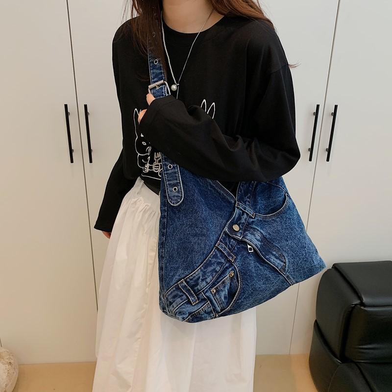 Vintage Denim Bag Women's Underarm Shoulder Bag Large Capacity Commuter Crossbody Bag