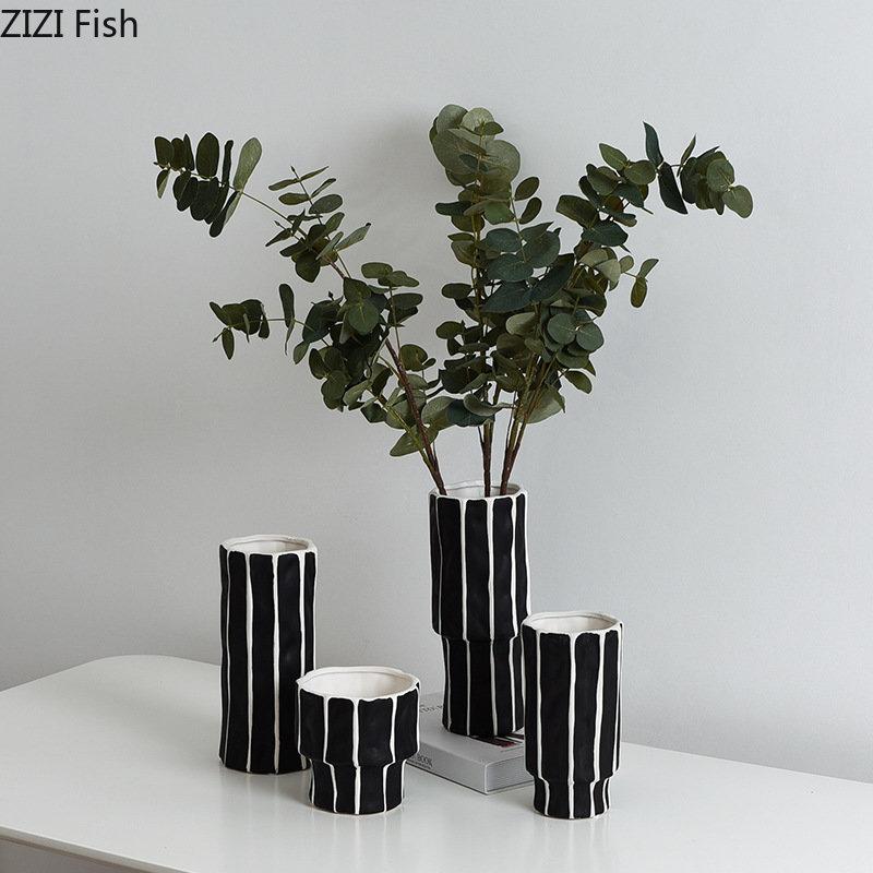 Black and White Stripe Ceramic Vase Flower Pots Decorative Flower Arrangement Desk Decoration Ornaments Crafts Floral Vases