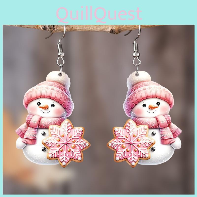 Christmas Theme Cute Cartoon Pink Hat Scarf Snowman Pattern Women Earrings For Festive Wear