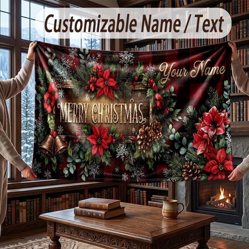 Christmas Winter Theme Throw Blanket Custom Name Text Personalized Blanket Soft Cozy Blanket for Home Sofa Bed