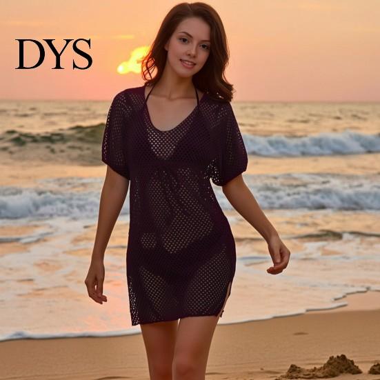 Sheer Swimsuit Cover Up, Drawstring Breathable Mesh Fabric, Short Sleeve Beachwear with Adjustable Waist Side Slit Design, Beach Dress for Summer