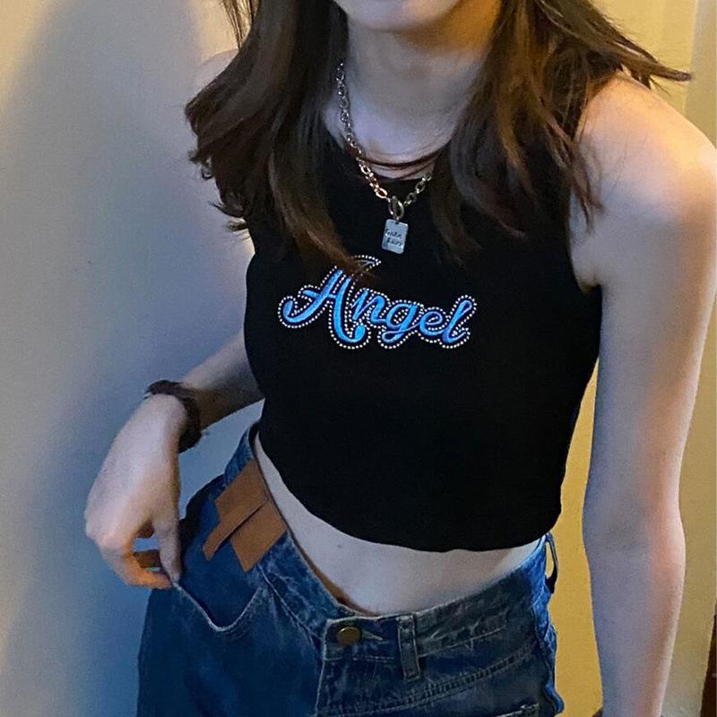 1 Pcs Weste frauen Bestickt Brief Cut Top Atmungsaktive Weste Rippe Einfarbig Straße Kleidung Punk Kleidung Sommer XYZ