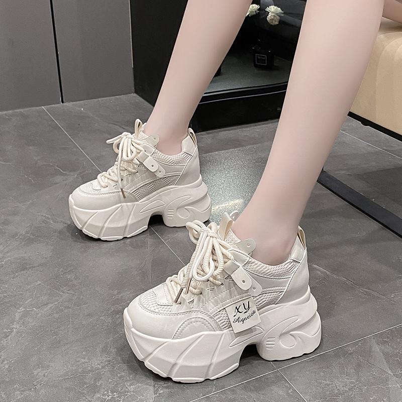 Fashion 9.5CM New Platform Shoes for Women Mesh Breathable Chunky Sneakers High Platform White Tennis Shoes Increase Casual Sport Shoes